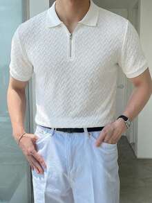 DAZY 男士夏季提花纹理 Polo 衫，翻领半拉链设计，适合日常通勤、旅行、度假和户外活动，休闲简约风格，都市成熟风格，英伦绅士风格。 - 白色 - 查看 3