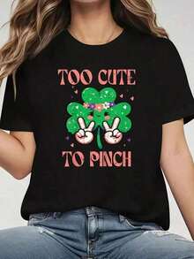 1 Piece, 100% Cotton, Girls' T-Shirt With St. Patrick's Day Shamrock Print, Perfect For St. Patrick's Day, Too Cute To Pinch, Crew Neck, Short Sleeve, For Women - 黑色 - 查看 1