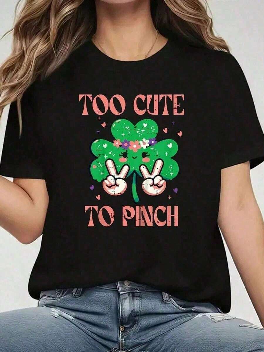 1 Piece, 100% Cotton, Girls' T-Shirt With St. Patrick's Day Shamrock Print, Perfect For St. Patrick's Day, Too Cute To Pinch, Crew Neck, Short Sleeve, For Women - 黑色 - 查看 1