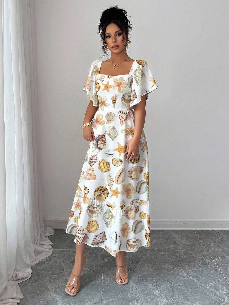 Turtle Leaf, Coconut Tree, Scattered Leaf And Small Flower Plant Silhouette, Square Neck And Short Sleeve Dress With Ruffle Design At The Hem, Summer Vacation Style - 白色的 - 查看 1