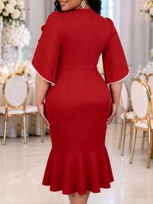 Vestido midi ajustado para mujer AOMEI elegante y glamuroso en rojo con flor 3D, corte sirena, ribete en contraste, mangas acampanadas con abertura, para iglesia, fiesta y como invitada de boda - Rojo - Ver 3