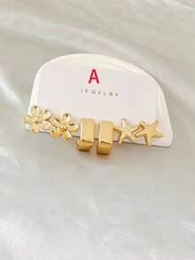 Timeless Ocean-Themed Gold Earrings, Flower Shell Geometric Multi-Style Face-Slimming Earring Set - Gold - View 2