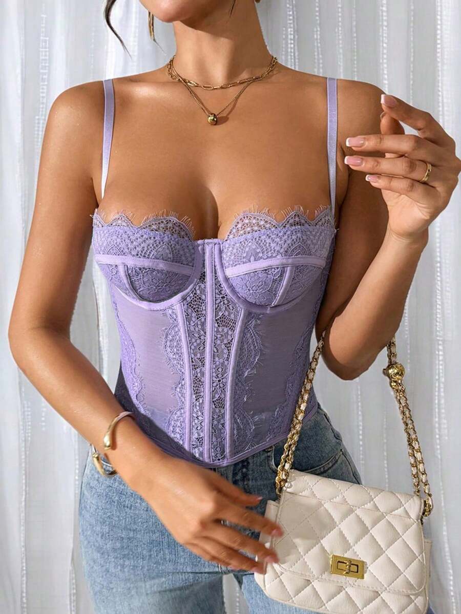 Fashionable Seamless Bra With Thin Straps, Sexy Strapless Tight Lace Crop Top - 紫色 - 查看 1