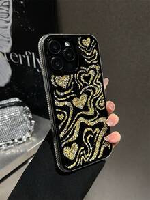 1pc Luxury Super Shiny Rhinestone Digital Phone Case, Heart-Shaped Phone Case, Mirror Decor Phone Case, Shockproof Phone Case, Compatible With IPhone 12/13/14/15/16/17 Series, Thanksgiving And Valentine's Day Surprise - Gold - View 5