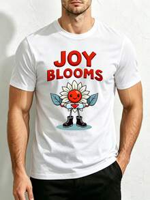 Camiseta de Cuello Redondo para Hombre con Diseño de Personaje Floral Adorable y Corazón Joyoso, Corte Holgado, 100% Algodón, Moda Versátil, Tela Suave y Cómoda, Adecuada para Uso Diario y R - Blanco - Ver 1