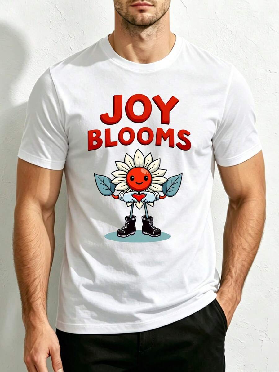 Camiseta de Cuello Redondo para Hombre con Diseño de Personaje Floral Adorable y Corazón Joyoso, Corte Holgado, 100% Algodón, Moda Versátil, Tela Suave y Cómoda, Adecuada para Uso Diario y R - Blanco - Ver 1