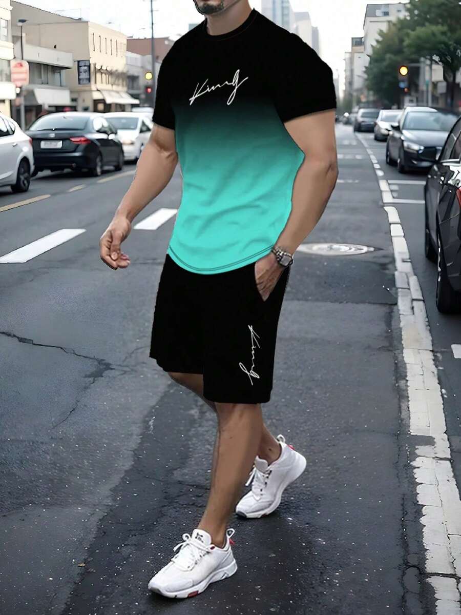 Men's Gradient Letter Print Short Sleeve Crew Neck T-Shirt And Drawstring Shorts Set, Comfortable Casual Outfit, 100% Polyester, Lightweight And Breathable Fabric - 黑色 - 查看 1
