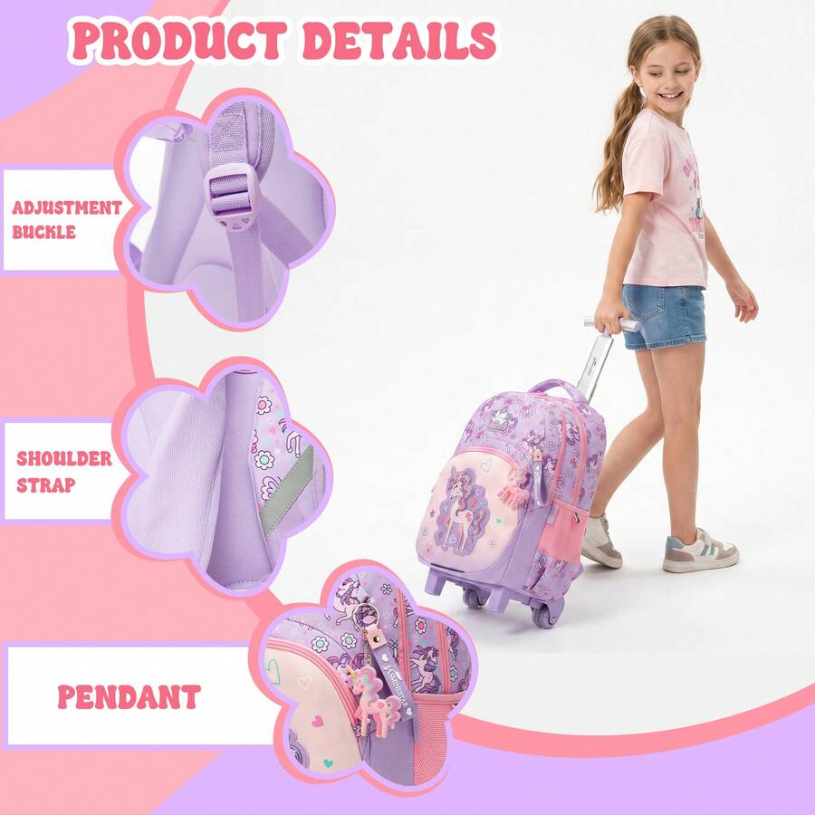 3pcs Tas Ransel Anak Perempuan dengan Tas Selempang, Tas Sekolah Beroda Motif Lucu, Tas Ransel Troli Ringan, Gaya Anak Perempuan untuk Kembali ke Sekolah - Tas koper anak-anak - View 1