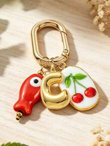 Spring Buckle Keychain, Letter Fish Cherry Keyring, Letter Bag Accessory, Metal Letter Pendant, 3D Puffy Gold Letter Bag Charm, Initial Bag Decoration, Letter Key Accessory, Fruit Theme Keychain, Beach Vacation Bag Charm, Daily Handbag Decoration, Gift Letter Keychain, Suitable For Women's Wallet, Bag, Car Accessory, Bag Charm, Campus Style Cute Gothic Y2K Style, Can Be Used As Mother's Day, Graduation Season, Teacher's Day Gift - Multicolor - View 6