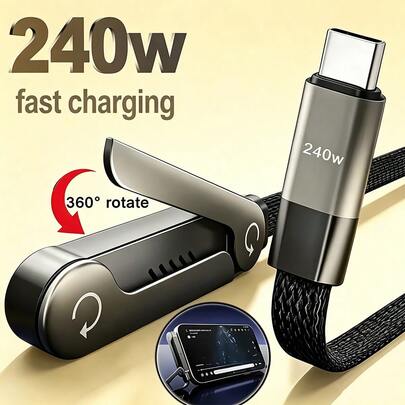 240W 支架充電線，適用於多款手機，可同時玩遊戲與充電，240W 快充 Type-C 轉 Type-C 線，多功能布邊雙 Type-C 充電接口，適用於 S25，車用兼容，Type-C 240W 超快充線附折疊支架，適用於 iPhone 15、17 及 Type-C 接口手機