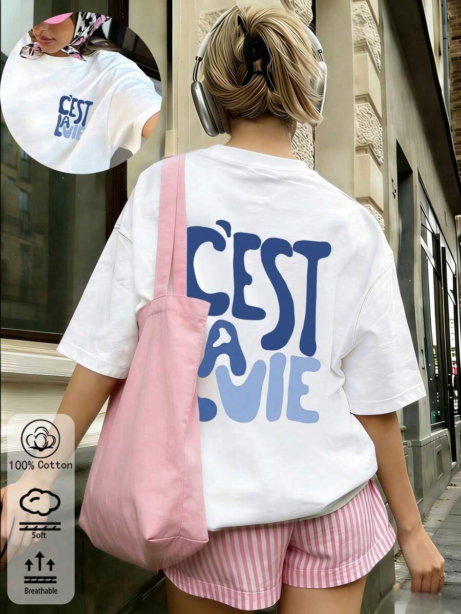 Retro Slogan Text Print Oversized Casual Short Sleeve T-Shirt - 白色 2 - 查看 1