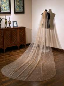 1pc Long Train Glitter Champagne Nude Bridal Veil With Metal Hair Comb, Church Wedding & Bridal Photography Accessory - Khaki - View 1