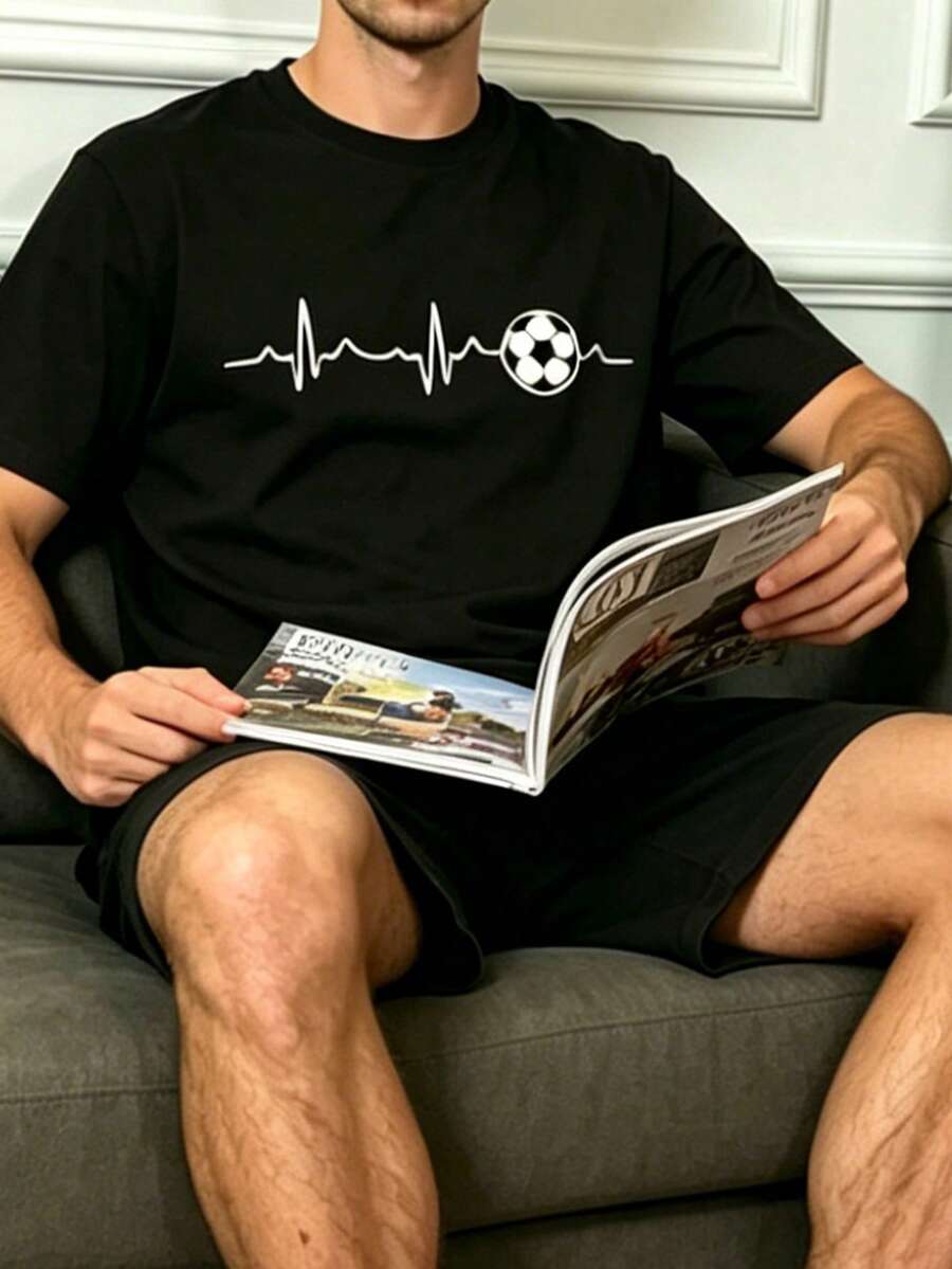 Men's Solid Color Round Neck Cartoon Football Print Short Sleeve & Shorts 2-Piece Pajama Set, Casual Comfortable Loungewear - Multicolor - View 1