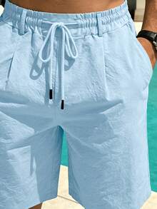Pantalones Cortos de Lino para Hombre Estilo Americano Casual de Cuatro Puntos, Pantalones de Lino Transpirables de Verano, Pantalones Cortos Retro de Color Sólido - Azul - Ver 2