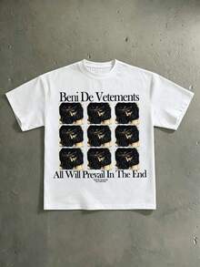 Everything Will Win "Jesus Grid Pattern T-Shirt - Retro Religious Y2k Street Wear Pure Cotton Short Sleeve, Casual And Comfortable, Local Shipping - 白色 - 查看 2