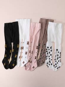 5雙女嬰針織褲襪，可愛熊與豹紋印花設計，柔軟面料，混色款，適合日常穿著作為底層 - 彩色 - 查看 16