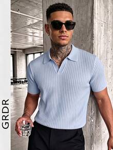 Suéter de punto de manga corta de unicolor para hombres GRDR, de moda para el verano - Celeste - Ver 6