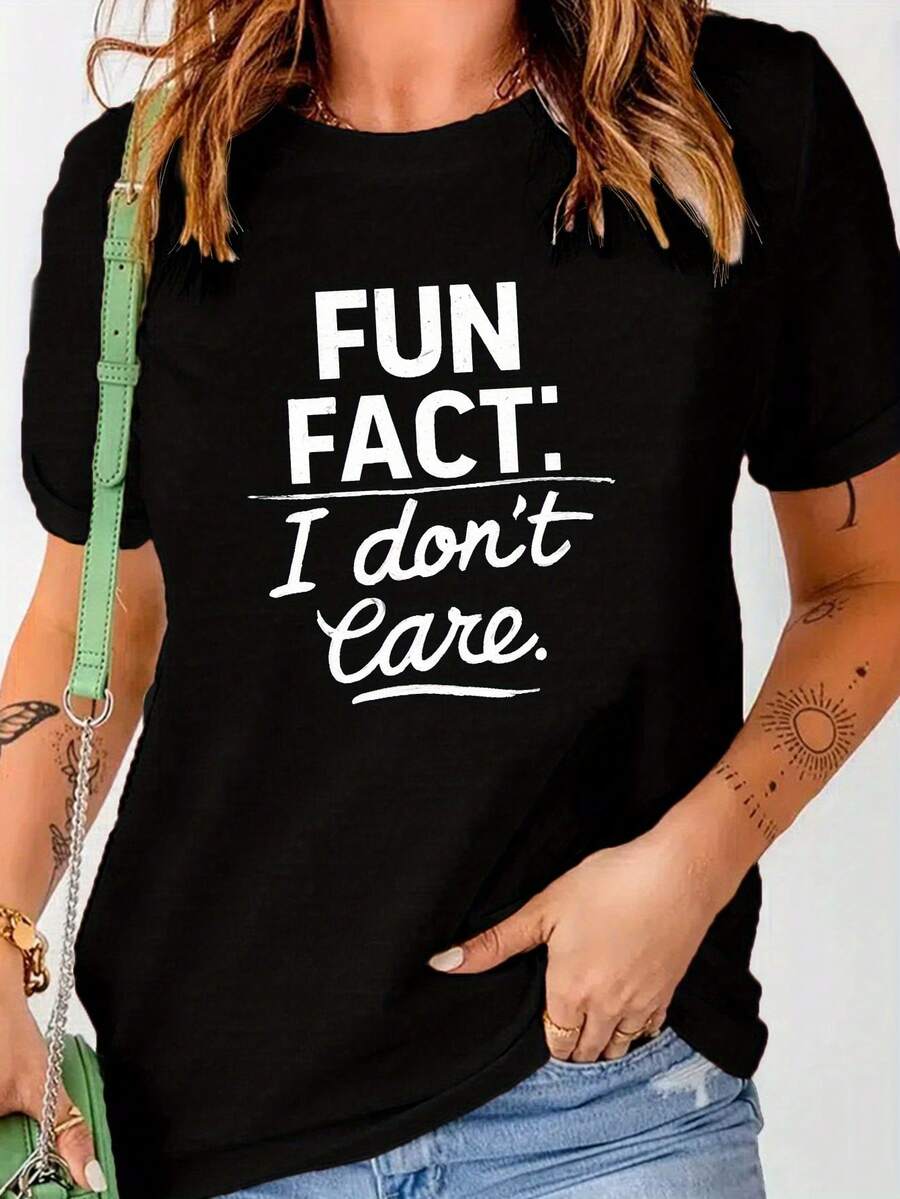Unisex Short-Sleeved T-Shirt, "Fun Fact I Don't Care" Print T-Shirt, Casual Round Neck Short-Sleeved Top For Spring And Summer, Women's Clothing, Y2k, Sportswear - 黑色 - 查看 1