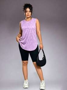 1pc Women Plus Size Casual Sports Tank Top, Round Neck With Curved Hem, Summer - Purple - View 3