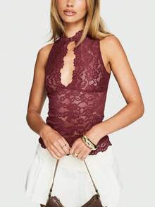 Women's Sexy Burgundy Lace Halter Neck Sleeveless Hollow Out Elegant Party Top - 酒紅色 - 查看 7