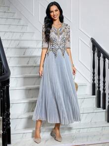 JINLICX Luxury Dusty Blue Gold Rhinestone Beaded V‑Neck Pleated Banquet Evening Gown - Silver - View 2