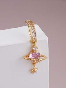 1pc Pink Cubic Zirconia Planet Shaped Belly Button Ring, Suitable For Women's Daily Wear, Dating, Party And Gathering - Yellow Gold - View 4