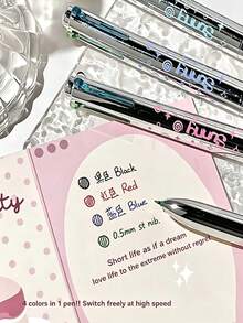 1 buah Pulpen Gel Tarik Multi-Warna 4-in-1, Bodi Logam Mengkilap, Ujung ST 0.5mm, Tinta Cepat Kering, Pulpen Tekan Multi-Warna, Dapat Diganti Hitam, Hari Pertama Sekolah - MultiWarna - View 7