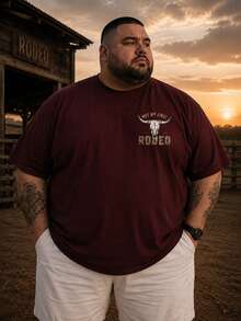 Men's Plus Size Short Sleeve T-Shirt, Summer Casual Retro Western Cowboy Style Graphic Print, Front And Back Graphic Print, Soft And Elastic Fabric, Comfortable To Wear - Burgundy - View 3