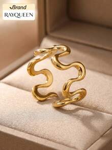 RAYQUEEN 1pc Stainless Steel Wave Design Open Ring For Women, Suitable For Daily Wear - Ring - View 2