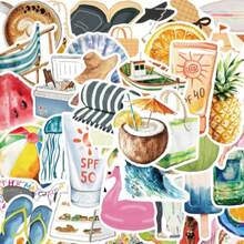 50pcs Aesthetic Summer Beach Vacation Stickers, Watercolor Decorative Vinyl Waterproof Stickers For Water Bottles, Guitars, Luggage, Phones, Phone Cases, Laptops, Skateboards, Gifts - Multicolor B - View 7