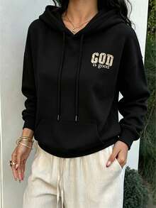 God Letter Print Pattern Sweatshirt, Plus Size Women's Casual Autumn/Winter Long Sleeve Pocket Hooded Sweatshirt Black - Black - View 8