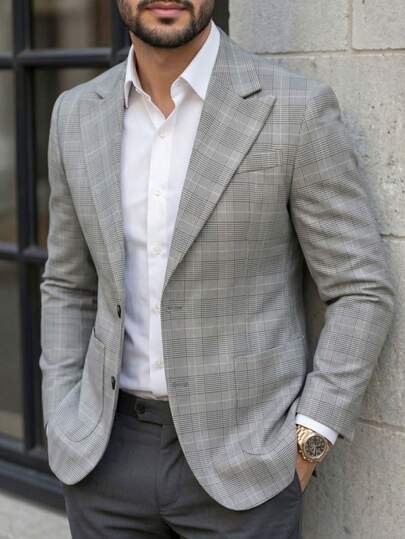 Men's Fashionable Minimalist Plaid Single-Breasted Suit, Suitable For Daily Outings, Casual Commuting And Other Occasions