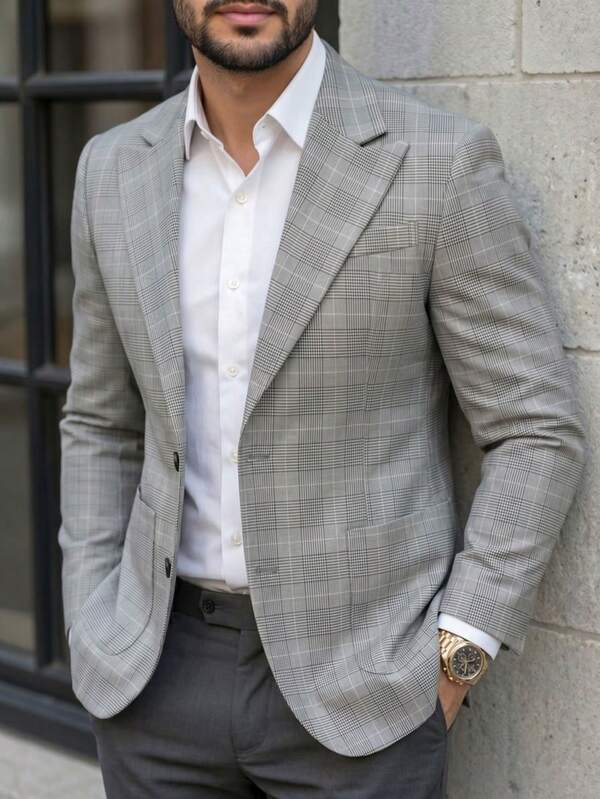 Men's Fashionable Minimalist Plaid Single-Breasted Suit, Suitable For Daily Outings, Casual Commuting And Other Occasions