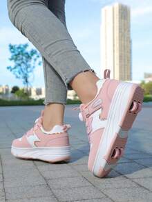 Scarpe da pattini a 4 ruote per ragazze, scarpe da pattinaggio per bambini e adolescenti, scarpe da pattini in pelle PU leggere e resistenti per tutte le stagioni, scarpe da pattini alla moda con fibbia rotante regolabile e ruote doppie nascoste, ruote rimovibili, scarpe da pattinaggio 2 in 1, pattini in linea, scarpe sportive con ruote per adolescenti - Rosa - Visualizzare 11