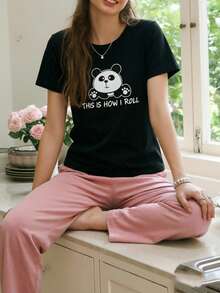 Black Cartoon Print Short Sleeve Top & Long Pants 2pcs Pajama Set For Women - Black - View 1