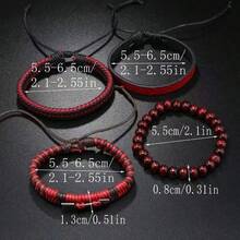 Fashion 4pcs Set Multi-Layer Leather Bracelet Minimalist Handmade Woven Cupid's Arrow Bracelet For Men And Women - Red - View 6