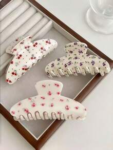 1pc Cream Base Floral Cherry Grape Print Hair Clip, Mini Rhinestone Decor Large Jaw Clip, Sweet Fresh Half-Up Hair Fixing Accessory, Suitable For Women's Daily Use - Multicolor - View 1