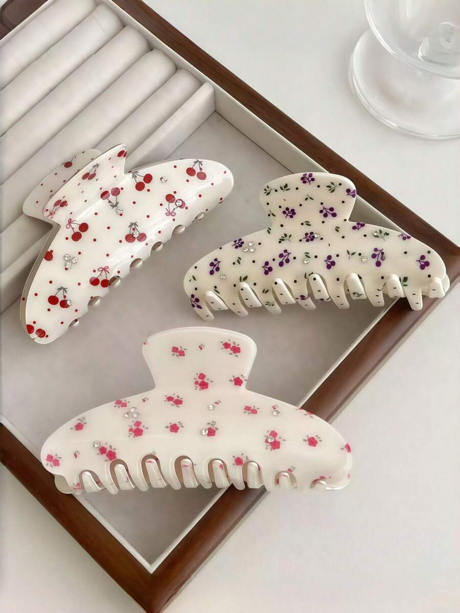 1pc Cream Base Floral Cherry Grape Print Hair Clip, Mini Rhinestone Decor Large Jaw Clip, Sweet Fresh Half-Up Hair Fixing Accessory, Suitable For Women's Daily Use - Multicolor - View 1