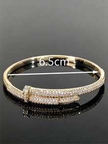 1pc Exquisite Buckle Nail Bracelet, Copper Micro-Inlaid Zirconia Hand Jewelry, High-End Design Openable Bracelet, Suitable For Holiday Gifts - Gold 1 - View 2