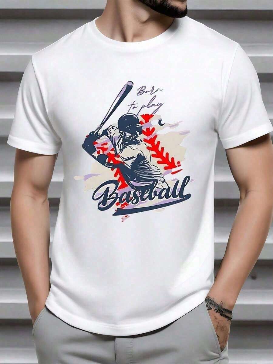 Camiseta hombre 100% algodón 220g, estampado jugador de béisbol bateando con fondo de costuras rojas de pelota, diseño deportivo lleno de energía y pasión deportiva. - Blanco - Ver 1