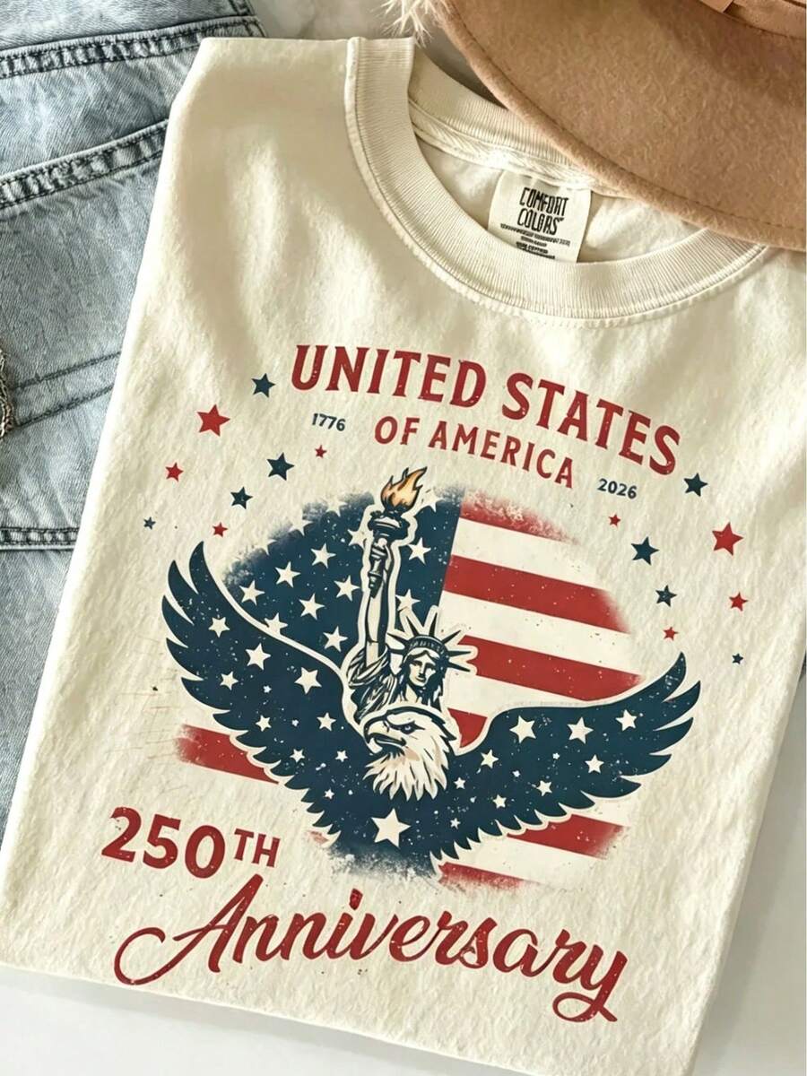 1 Piece ® America's 250th Anniversary T-Shirt, Patriotic Eagle T-Shirt For The 4th Of July, 250 Years Of Independence T-Shirt, American Flag T-Shirt, Vac Dress - 白色 - 查看 1