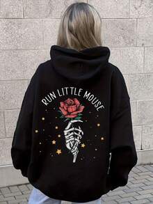 Una sudadera casual con capucha y estampado gráfico diseñada para mujeres de talla grande, perfecta para las temporadas de invierno y otoño. - Negro - Ver 1