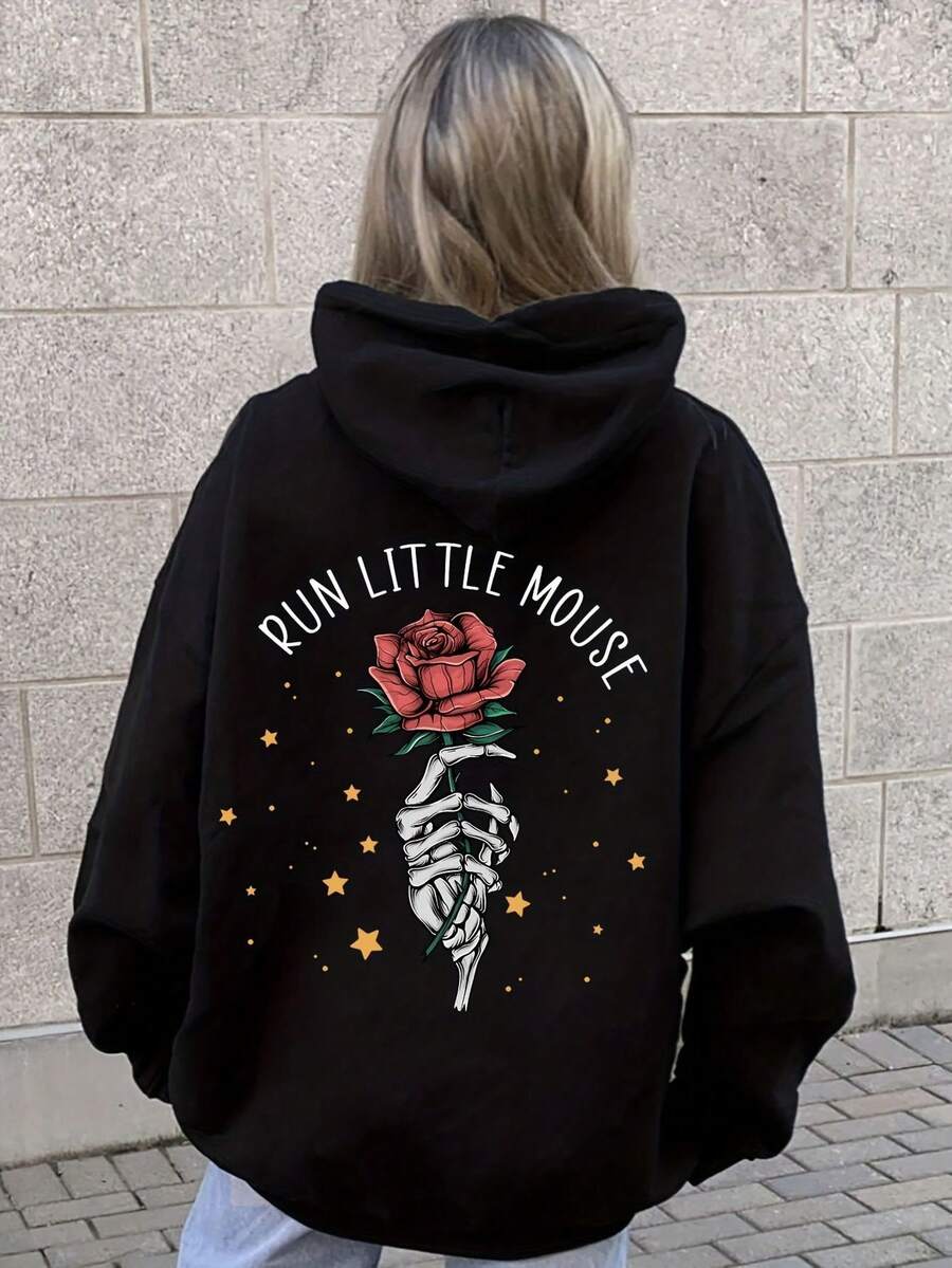 Una sudadera casual con capucha y estampado gráfico diseñada para mujeres de talla grande, perfecta para las temporadas de invierno y otoño. - Negro - Ver 1