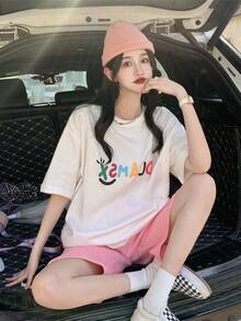 256#Conjunto Deportivo para Mujer, Verano 2026, Estilo Coreano, Holgado, Estampado, Manga Corta, Pantalones Cortos, Conjunto Casual de Dos Piezas - Blanco - Ver 4