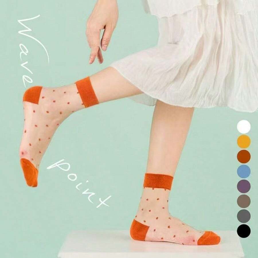 3 Pairs Women's Thin Crystal Glass Sheer Dotted Mid-Calf Socks - Thin Stockings - View 1