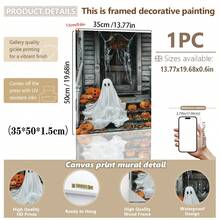 1 pieza Arte de pared en lienzo, decoración de pared enmarcada, fantasma blanco vintage sentado en un porche de madera con linterna de calabaza, hojas de arce y telaraña, póster popular de atmósfera de terror pastoral de otoño de Halloween, pintura decorativa colgante vintage sin marco, adecuada para decoración del hogar moderno, decoración de habitación, decoración de dormitorio, decoración de sala de estar, decoración de baño, decoración de cocina - Fantasma de calabaza - Ver 17