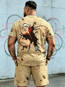 Men's Streetwear Casual Sports Set - "Vintage Distressed Cartoon Sailor" Graphic Design, Polyester Knit Fabric, Round Neck, Drawstring Shorts, Pockets, Regular Fit, Plus Size - Multicolor - View 2