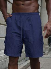 Men's Plain Color Summer Casual Shorts With Pockets - Blue - View 3