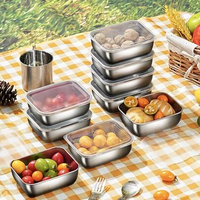8-Piece Set (4 Containers + 4 Lids) Stainless Steel Food Storage Containers, Baking Tray Set, Multi-Purpose Trays, Suitable For Baking Eggs, Marinating Meat And Daily Food Preparation, Leak-Proof Stackable Boxes, Suitable For Storing Meat, Fruit, Camping And Home Storage