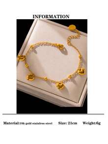 1pc Casual Ins Stainless Steel Gold-Tone Multi-Heart Pendant Bracelet, Suitable For Women's Daily Versatile Wear, Waterproof Jewelry Accessory, Valentine's Day Gift, Gift Box Not Included - Gold - View 7